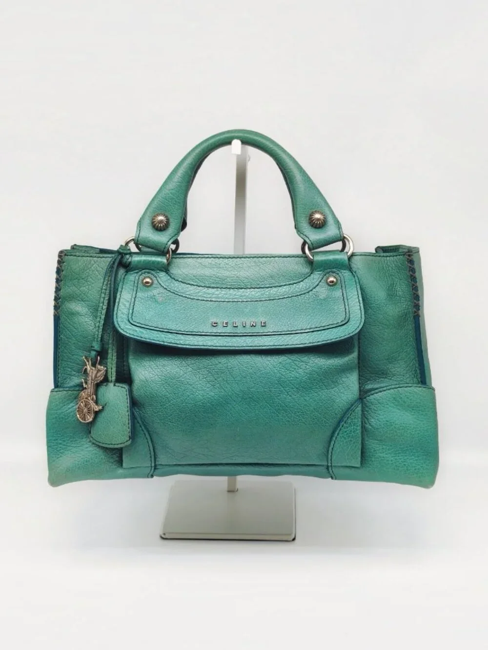 Celine Pebbled Leather Satchel Handbag Turquoise Blue Teal Silver Hardware